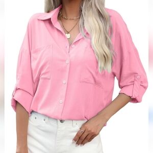 Meetrendi Women's Casual Pink Long  Sleeves button Down shirt size L NWT